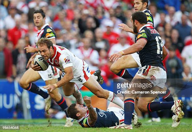 Jason Nightingale of the Dragons is tackled during the round seven NRL match between the St George Illawarra Dragons and the Sydney Roosters at the...