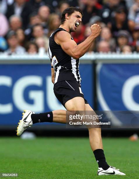 Scott Pendlebury of the Magpies celebrates a goal during the round five AFL match between the Collingwood Magpies and the Essendon Bombers at...