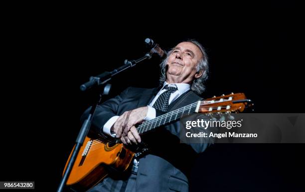 Joan Manuel Serrat performs in concert at Las Noches del Botanico festival on June 26, 2018 in Madrid, Spain.