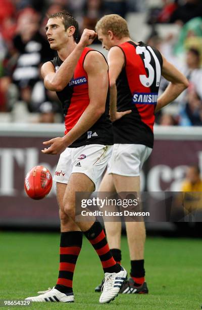 Jobe Watson reacts after the round five AFL match between the Collingwood Magpies and the Essendon Bombers at Melbourne Cricket Ground on April 25,...