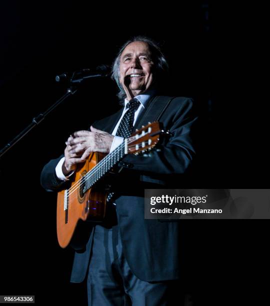 Joan Manuel Serrat performs in concert at Las Noches del Botanico festival on June 26, 2018 in Madrid, Spain.