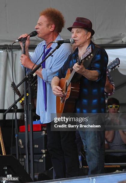 Paul Simon and Art Garfunkel of Simon & Garfunkel perform during day 2 of the 41st annual New Orleans Jazz & Heritage Festival at the Fair Grounds...