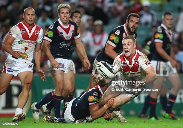 Ben Creagh of the Dragons is tackled during the round seven NRL match between the St George Illawarra Dragons and the Sydney Roosters at the Sydney...