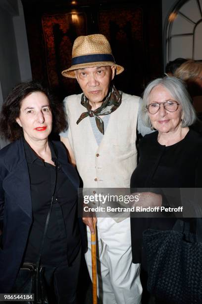 Tan Giudicelli standing between Corinne Cobson and her mother Jacqueline Cobson attend the Tan Giudicelli - Exhibition of drawings and accessories...