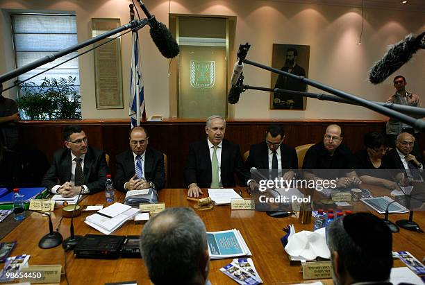 Israeli Prime Minister Benjamin Netanyahu speaks as he chairs the weekly cabinet meeting in his offices on April 25, 2010 in Jerusalem, Israel....