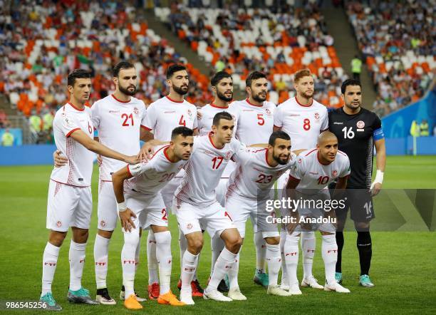 Players of Tunisia pose for a team photo prior to the 2018 FIFA World Cup Russia Group G match between Panama and Tunisia at the Mordovia Arena is...