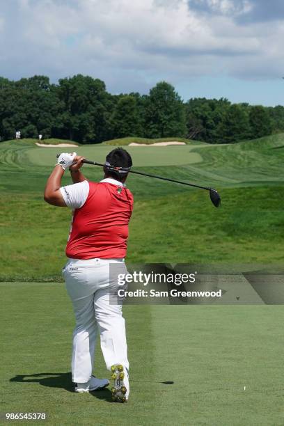 Kiradech Aphibarnrat hits off the first tee during the first round of the Quicken Loans National at TPC Potomac on June 28, 2018 in Potomac, Maryland.