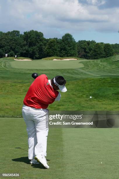 Kiradech Aphibarnrat hits off the first tee during the first round of the Quicken Loans National at TPC Potomac on June 28, 2018 in Potomac, Maryland.