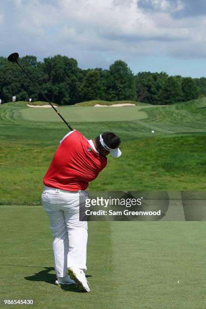 Kiradech Aphibarnrat hits off the first tee during the first round of the Quicken Loans National at TPC Potomac on June 28, 2018 in Potomac, Maryland.
