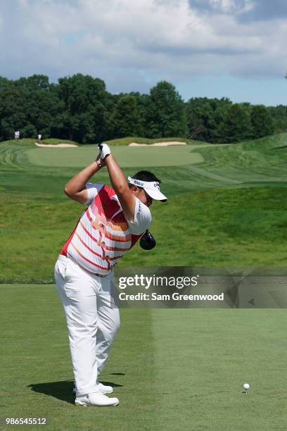 Kiradech Aphibarnrat hits off the first tee during the first round of the Quicken Loans National at TPC Potomac on June 28, 2018 in Potomac, Maryland.