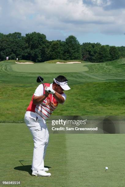 Kiradech Aphibarnrat hits off the first tee during the first round of the Quicken Loans National at TPC Potomac on June 28, 2018 in Potomac, Maryland.