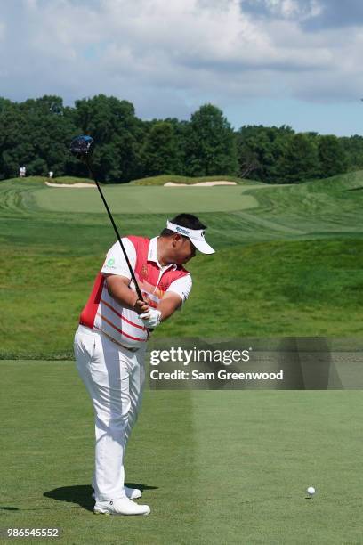 Kiradech Aphibarnrat hits off the first tee during the first round of the Quicken Loans National at TPC Potomac on June 28, 2018 in Potomac, Maryland.