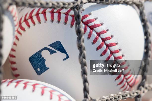 Baseball with MLB logo is seen at Citizens Bank Park before a game between the Washington Nationals and Philadelphia Phillies on June 28, 2018 in...
