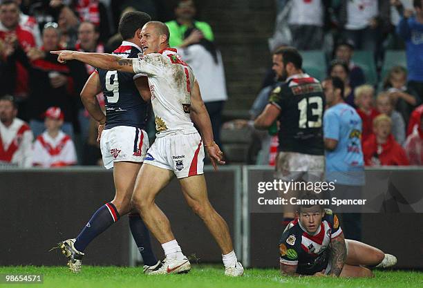 Matt Cooper of the Dragons reacts after being tackled without the ball during the round seven NRL match between the St George Illawarra Dragons and...