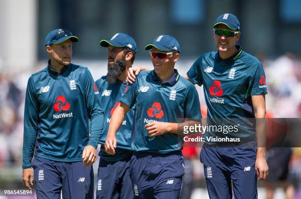 Joe Root, Moeen Ali, Sam Curran and Jake Ball of England leave the field during the 5th Royal London ODI between England and Australia at the...
