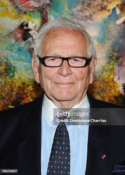 Pierre Cardin poses during the opening of the exhibition of Pal Sarkozy at Espace Pierre Cardin on April 24, 2010 in Paris, France.