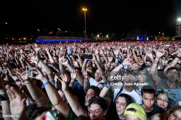 Festival-goers at the concert of the band Avenged Sevenfold during Day 1 of the Download Festival on June 28, 2018 in Madrid, Spain.