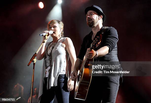 Jennifer Nettles and Kristian Bush of Sugarland perform as part of the Stagecoach Music Festival at the Empire Polo Fields on April 24, 2010 in...