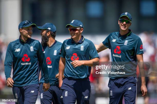 Joe Root, Moeen Ali, Sam Curran and Jake Ball of England leave the field during the 5th Royal London ODI between England and Australia at the...