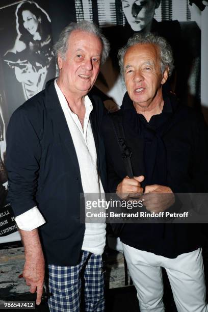 Jacques Grange and Gilles Bensimon attend the Tan Giudicelli - Exhibition of drawings and accessories preview at Galerie Pierre Passebon on June 28,...