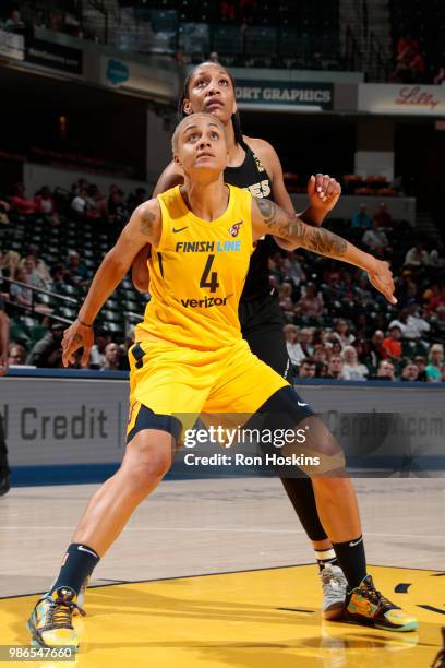 Candice Dupree of the Indiana Fever boxes out during the game against the Las Vegas Aces on June 12, 2018 at Bankers Life Fieldhouse in Indianapolis,...