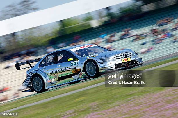 Mercedes driver Ralf Schumacher of Germany steers his car during the warm up of the DTM 2010 German Touring Car Championship on April 25, 2010 in...