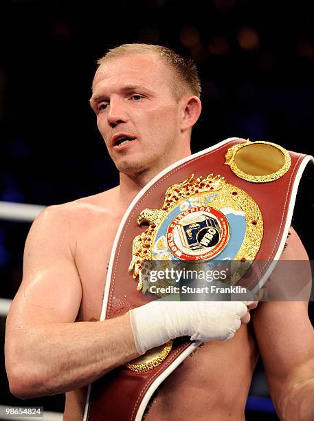 Juergen Braehmer of Germany celebrates winning his WBO light heavyweight fight against Mariano Nicolas Plotinsky of Argentina during the Universum...