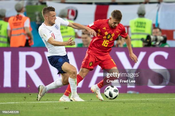 Thorgan Hazard of Belgium in action during the 2018 FIFA World Cup Russia group G match between England and Belgium at Kaliningrad Stadium on June...