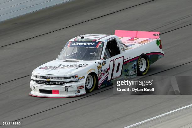 Jennifer Jo Cobb, driver of the Driven2Honor Chevrolet, practices for the NASCAR Camping World Truck Series Overton's 225 at Chicagoland Speedway on...