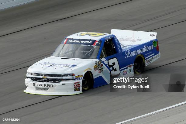 Jordan Anderson, driver of the Bommarito/Lucas Oil Chevrolet, practices for the NASCAR Camping World Truck Series Overton's 225 at Chicagoland...