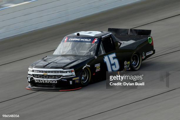 Ross Chastain, driver of the Toyota, practices for the NASCAR Camping World Truck Series Overton's 225 at Chicagoland Speedway on June 28, 2018 in...