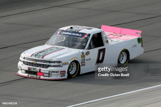 Camden Murphy, driver of the Driven2Honor Chevrolet, practices for the NASCAR Camping World Truck Series Overton's 225 at Chicagoland Speedway on...