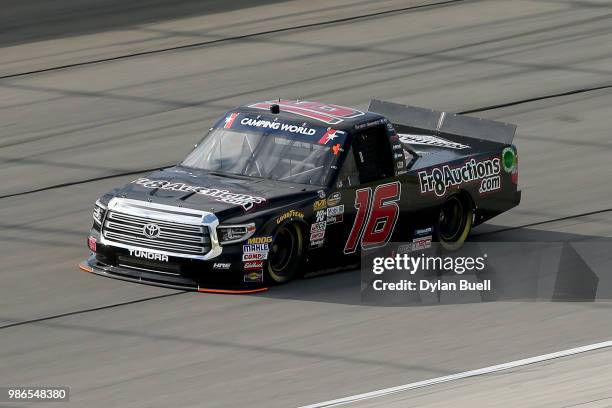 Brett Moffitt, driver of the Safelite AutoGlass Toyota, practices for the NASCAR Camping World Truck Series Overton's 225 at Chicagoland Speedway on...