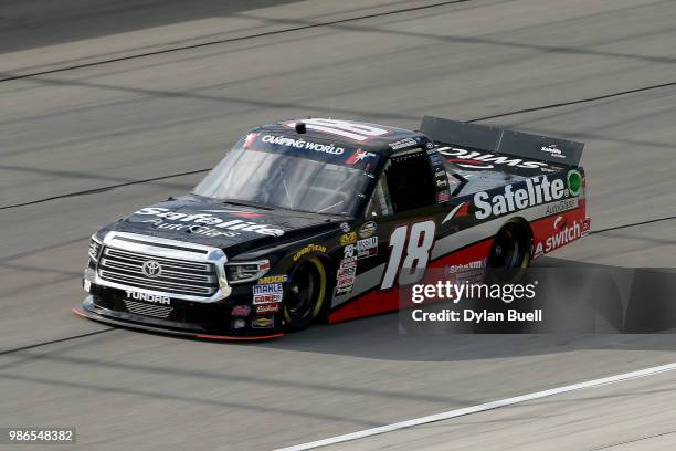 Noah Gragson, driver of the Safelite AutoGlass Toyota, practices for the NASCAR Camping World Truck Series Overton's 225 at Chicagoland Speedway on...
