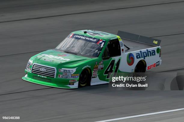 Ben Rhodes, driver of the Alpha Ford, practices for the NASCAR Camping World Truck Series Overton's 225 at Chicagoland Speedway on June 28, 2018 in...