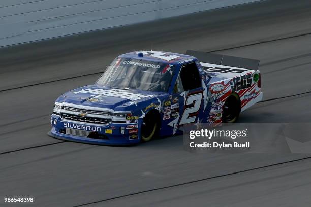 Cody Coughlin, driver of the Jeg's.com Chevrolet, practices for the NASCAR Camping World Truck Series Overton's 225 at Chicagoland Speedway on June...