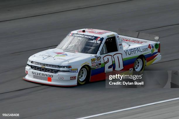 Max Tullman, driver of the Chevrolet, practices for the NASCAR Camping World Truck Series Overton's 225 at Chicagoland Speedway on June 28, 2018 in...