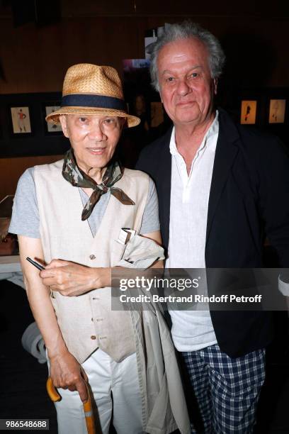 Tan Giudicelli and Jacques Grange attend the Tan Giudicelli - Exhibition of drawings and accessories preview at Galerie Pierre Passebon on June 28,...