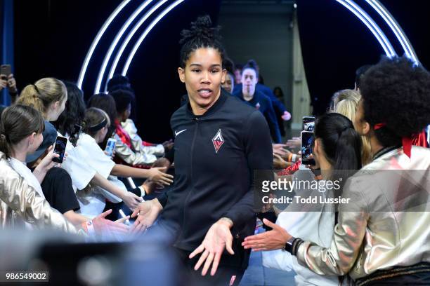 Tamera Young of the Las Vegas Aces enters the arena prior to the game against the Minnesota Lynx on June 24, 2018 at the Mandalay Bay Events Center...