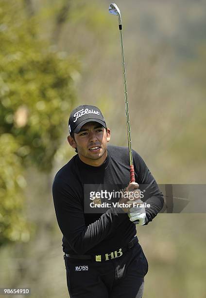 Pablo Larrazabal of Spain tees off on the 14th hole during the Round Three of the Ballantine's Championship at Pinx Golf Club on April 25, 2010 in...