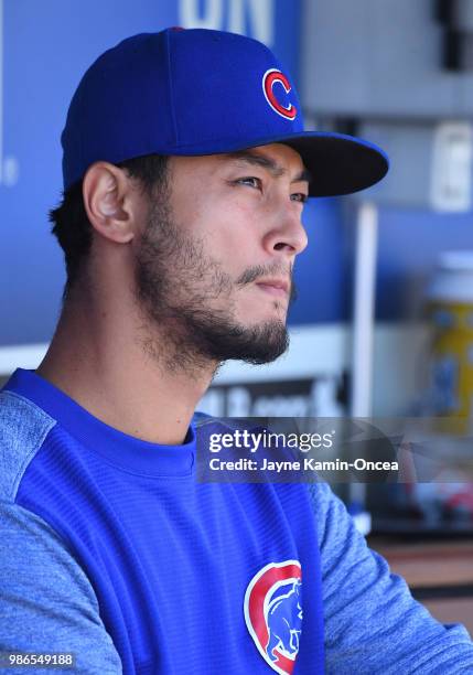 Yu Darvish of the Chicago Cubs sits in the dugout during the game against the Los Angeles Dodgers at Dodger Stadium on June 28, 2018 in Los Angeles,...