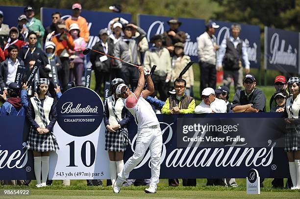 Thongchai Jaidee of Thailand tees off on the 10th hole during the Round Three of the Ballantine's Championship at Pinx Golf Club on April 25, 2010 in...