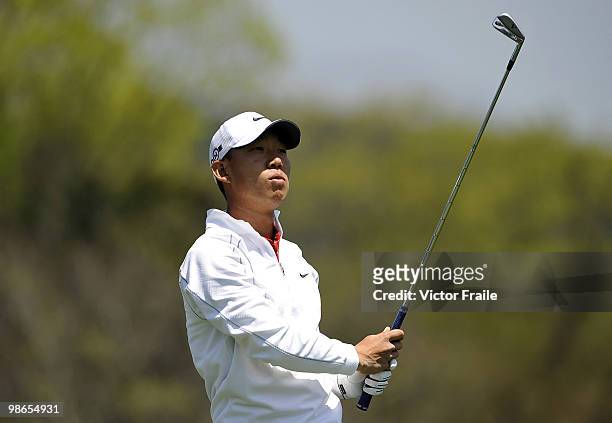 Anthony Kim of USA tees off on the 14th hole during the Round Three of the Ballantine's Championship at Pinx Golf Club on April 25, 2010 in Jeju,...