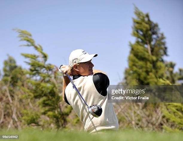 Ernie Els of South Africa tees off on the 16th hole during the Round Three of the Ballantine's Championship at Pinx Golf Club on April 25, 2010 in...