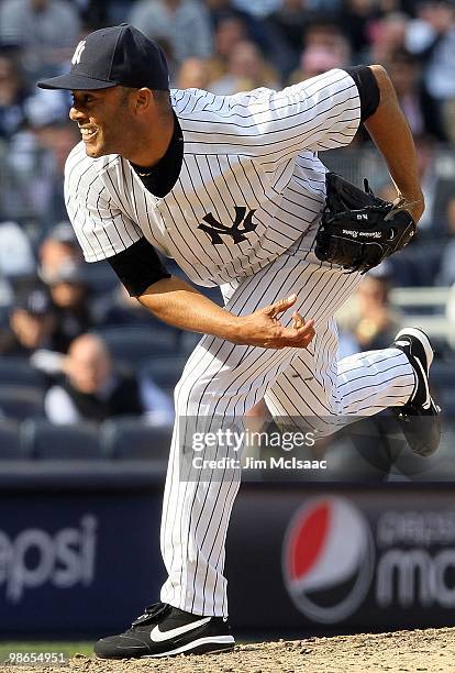 Mariano Rivera of the New York Yankees pitches against the Los Angeles Angels of Anaheim during the Yankees home opener at Yankee Stadium on April...