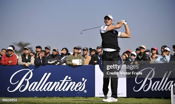 Tano Goya of Argentina tees off on the 17th hole during the Round Three of the Ballantine's Championship at Pinx Golf Club on April 25, 2010 in Jeju,...