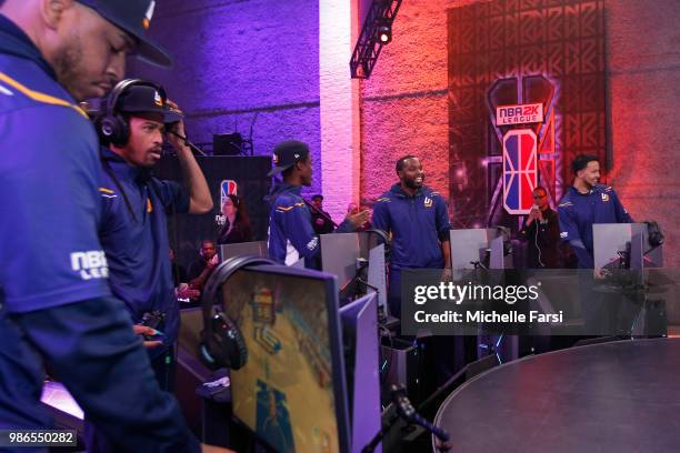 Jazz Gaming celebrate during the game against Celtics Crossover Gaming on June 22, 2018 at the NBA 2K League Studio Powered by Intel in Long Island...