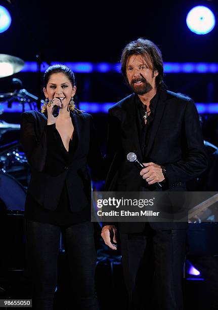 Singer Hillary Scott of Lady Antebellum performs with Ronnie Dunn of the duo Brooks & Dunn during the "Brooks & Dunn - The Last Rodeo" show presented...