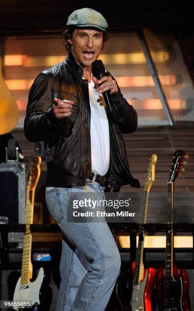 Actor Matthew McConaughey speaks during the "Brooks & Dunn - The Last Rodeo" show presented by the Academy of Country Music at the MGM Grand Garden...