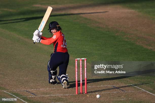 Tammy Beaumont of England bats during England Women vs New Zealand Women International T20 Tri-Series at The Brightside Ground on June 28, 2018 in...